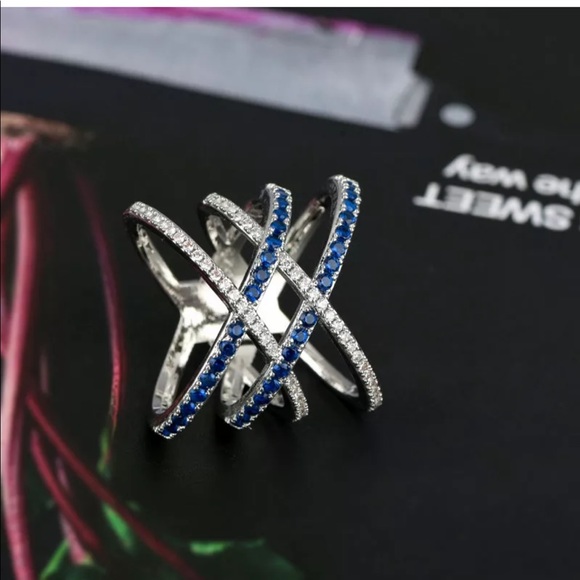 New 925 Silver X Shape women’s Sapphire Ring - Picture 4 of 4